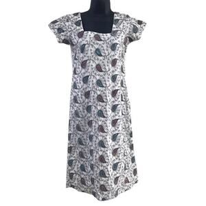 Embroidered Peacock Feather Dress, Paisley Print White Casual Summer Dress Small